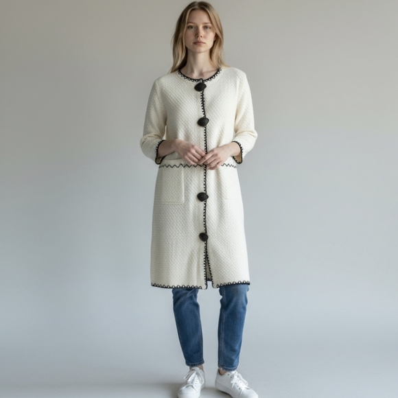 Y2K Cream Cardigan Knit Long Duster Bohemian Black Trim Funky Large Buttons Sz L - Picture 1 of 11